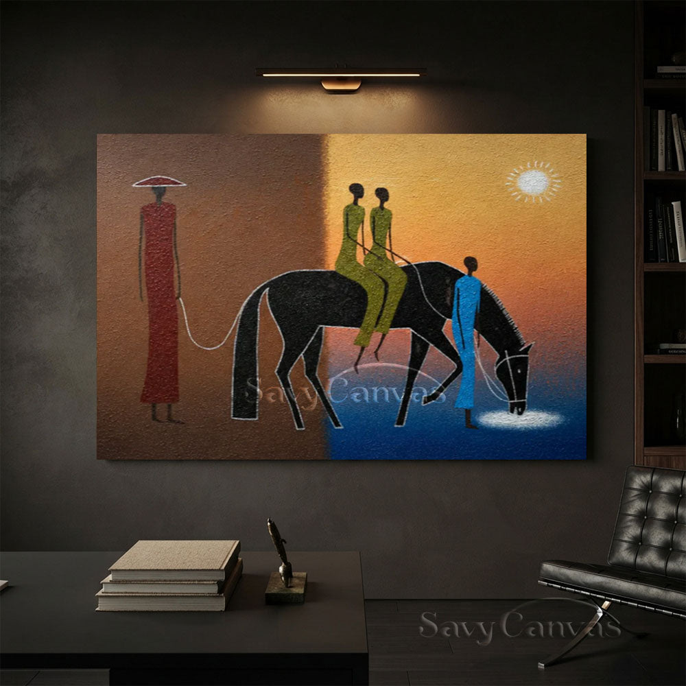 Handmade Tribal Modern Abstract Figures Horse Sunset Oil Painting #ZC 033