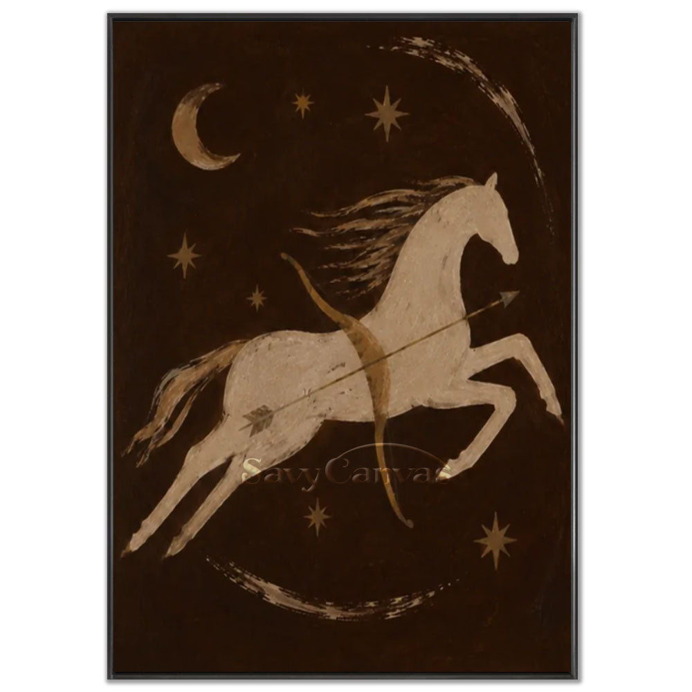 A 100% handmade surrealist oil painting on a dark canvas, depicting a white horse as a celestial archer with a bow and arrow, surrounded by a crescent moon and stars, embodying mythology and fantasy art styles.