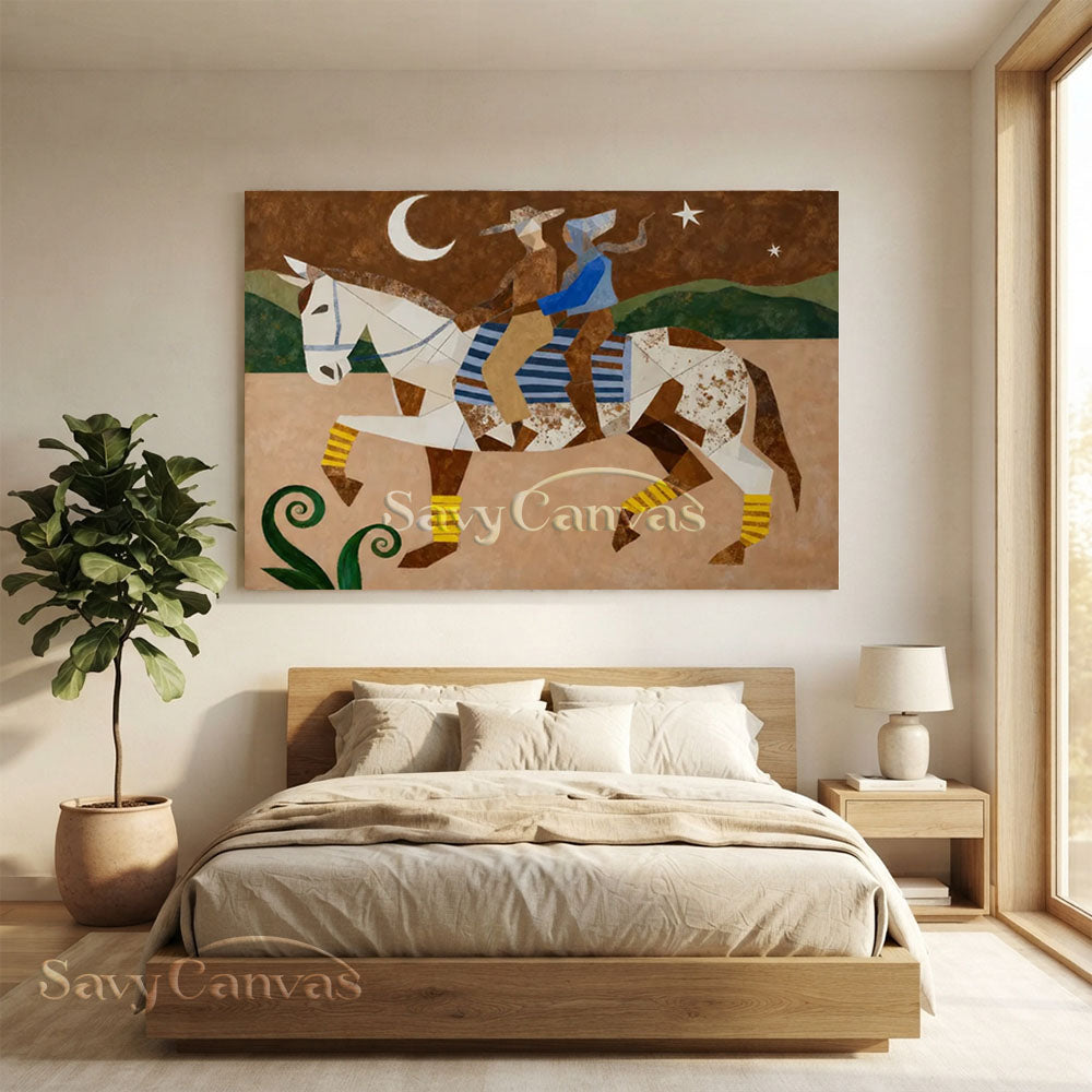 Handmade Modern Cubist Horse & Riders Vintage Moonlit Oil Painting #ZC 034
