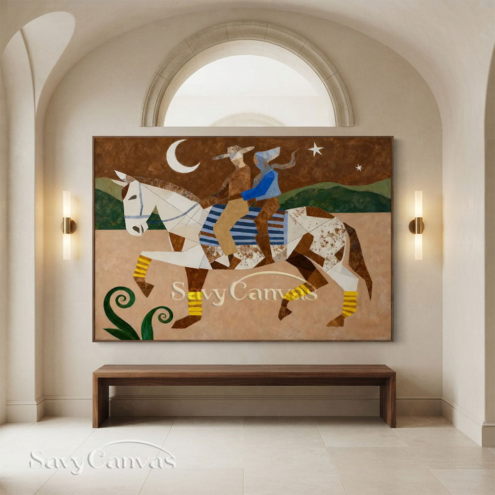 Handmade Modern Cubist Horse & Riders Vintage Moonlit Oil Painting #ZC 034
