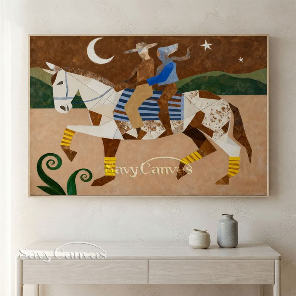 Handmade Modern Cubist Horse & Riders Vintage Moonlit Oil Painting #ZC 034