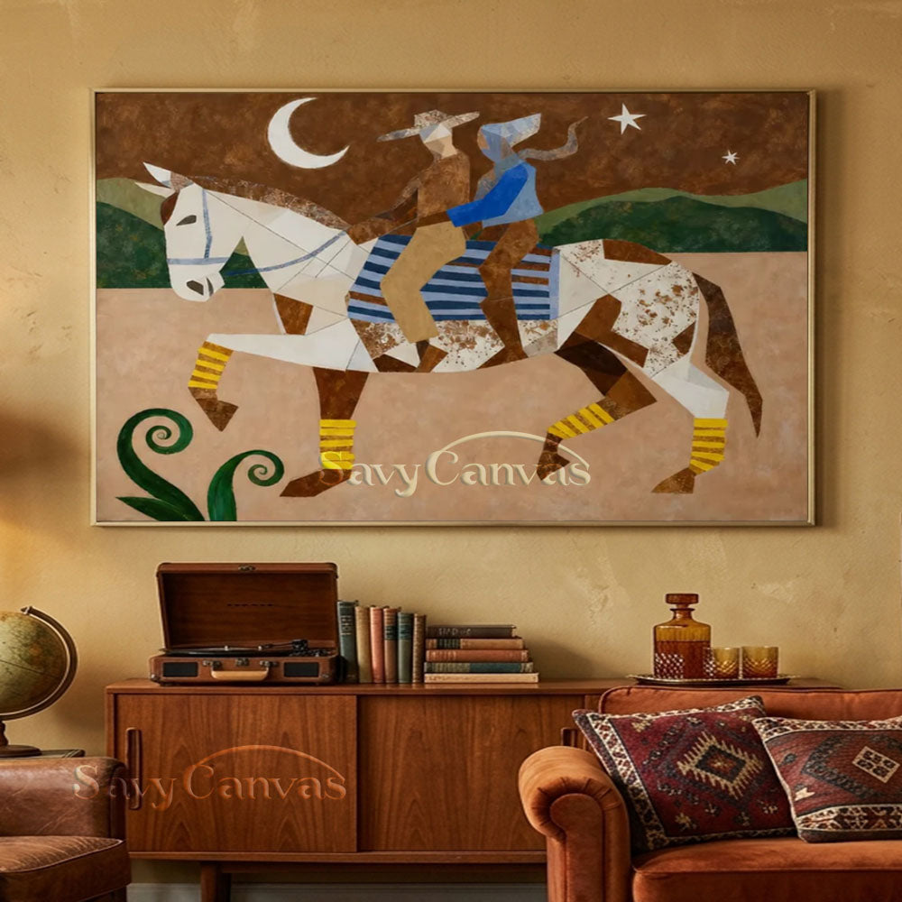 Handmade Modern Cubist Horse & Riders Vintage Moonlit Oil Painting #ZC 034