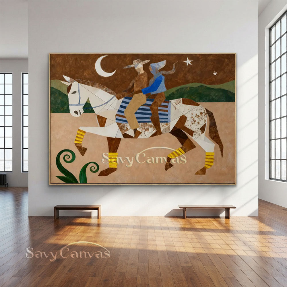 Handmade Modern Cubist Horse & Riders Vintage Moonlit Oil Painting #ZC 034