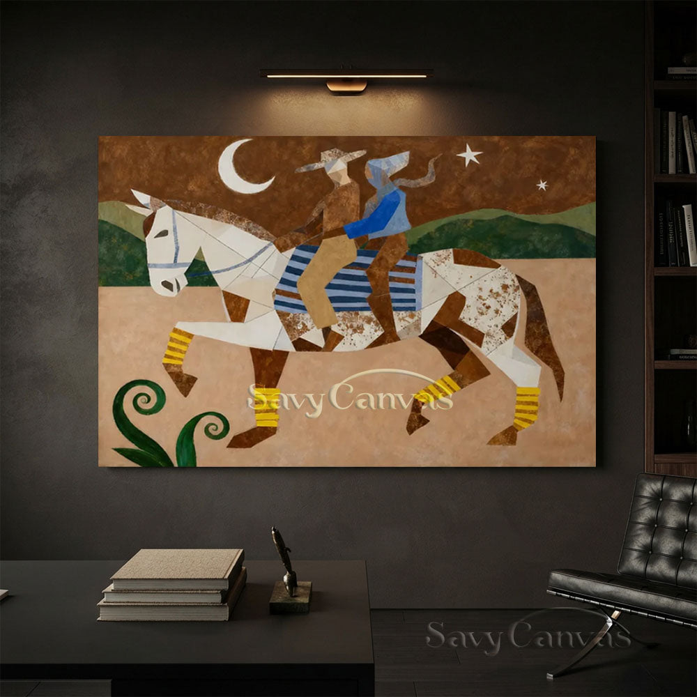 Handmade Modern Cubist Horse & Riders Vintage Moonlit Oil Painting #ZC 034