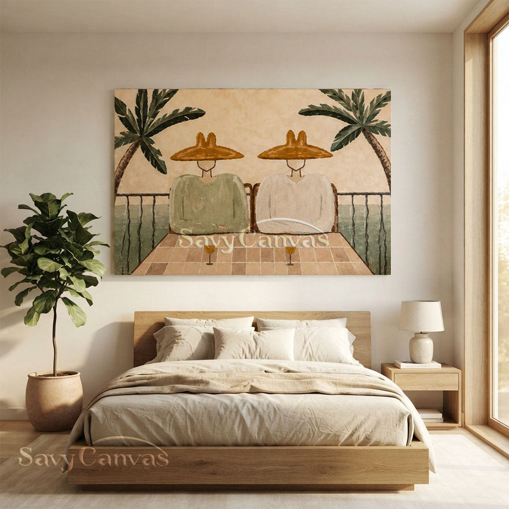 Modern Coastal Terrace Couple Lounge Warm Beige Oil Painting #ZC 035