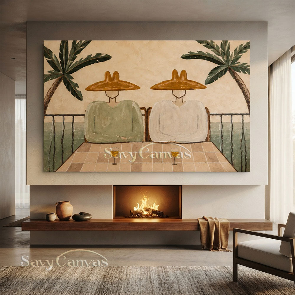 Modern Coastal Terrace Couple Lounge Warm Beige Oil Painting #ZC 035
