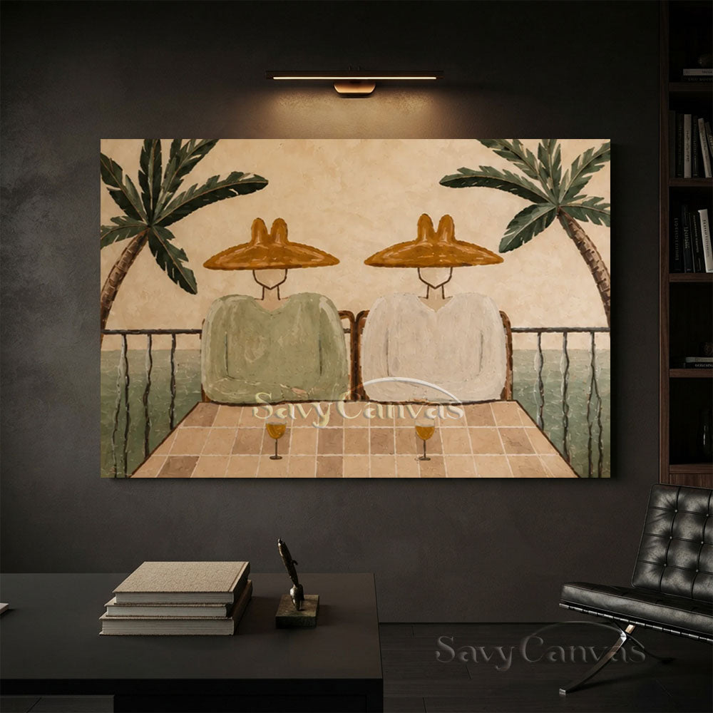 Modern Coastal Terrace Couple Lounge Warm Beige Oil Painting #ZC 035