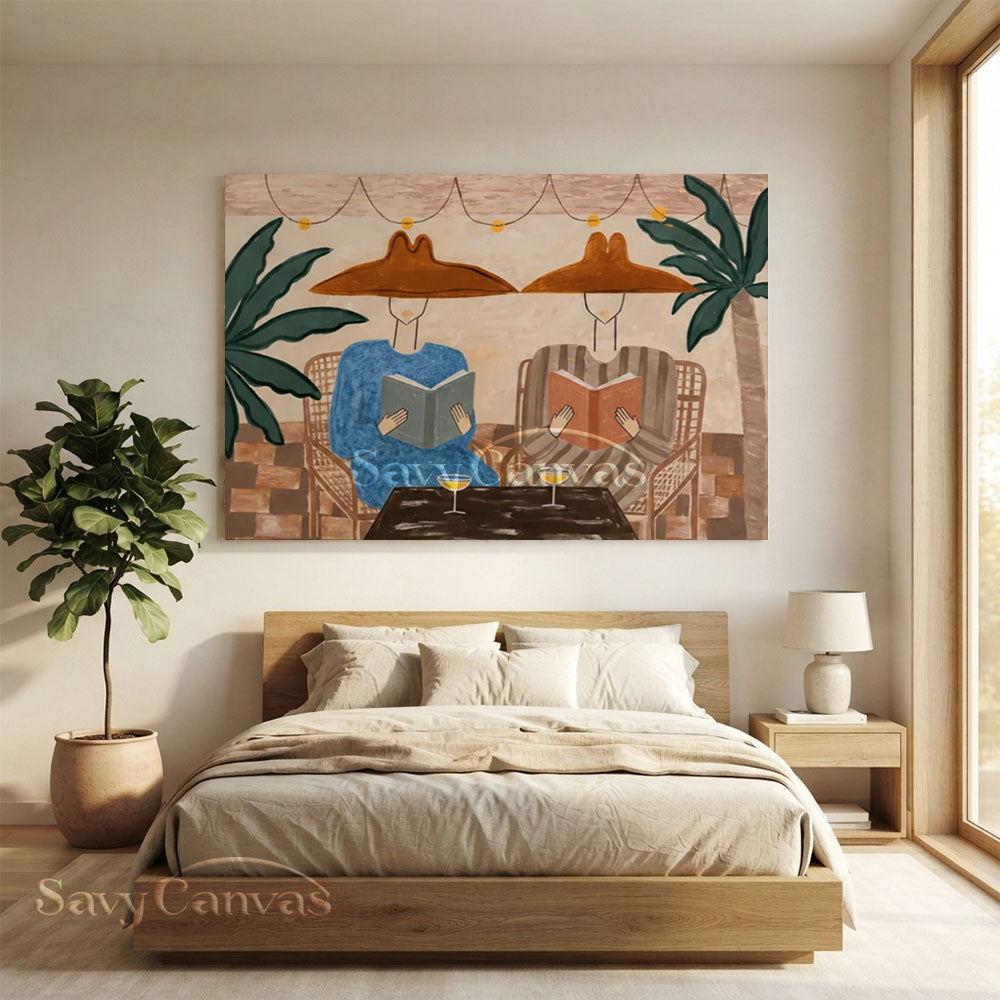 Handmade Modern Tropical Patio Reading Figures Warm Beige Oil Painting #ZC 036