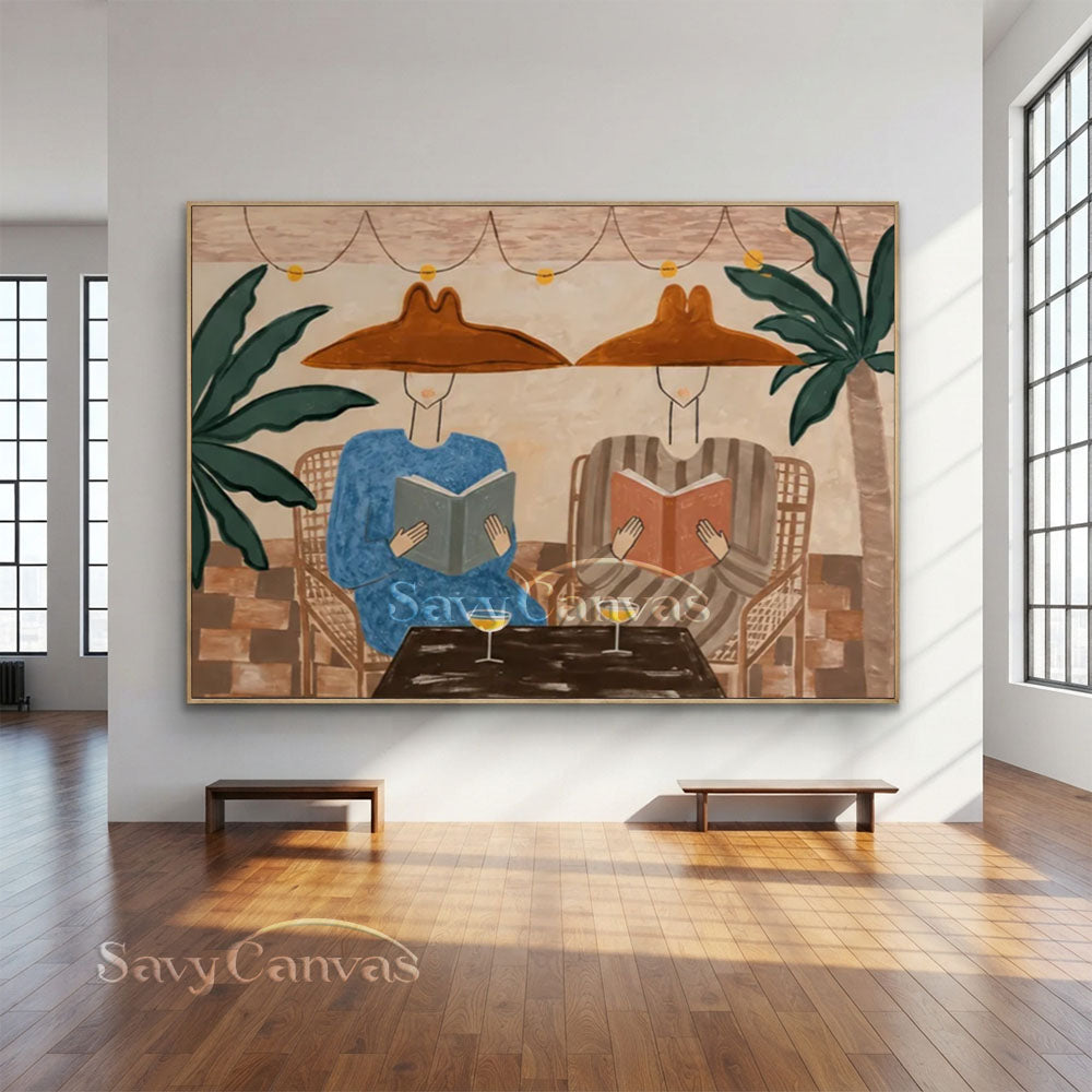 Handmade Modern Tropical Patio Reading Figures Warm Beige Oil Painting #ZC 036