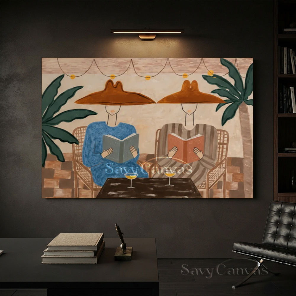 Handmade Modern Tropical Patio Reading Figures Warm Beige Oil Painting #ZC 036