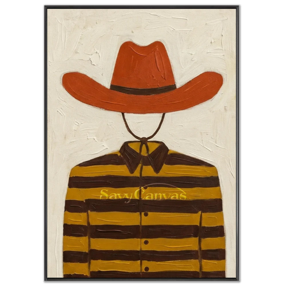 A 100% handmade expressionist oil painting with a heavy textured impasto background in pure white, depicting a stylized geometric abstract portrait of a faceless cowboy wearing a large terracotta red wide-brimmed hat and a horizontal ochre yellow and dark brown striped shirt.