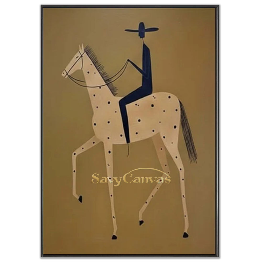 A 100% handmade modernist oil painting with a smooth, solid background in warm mustard yellow, depicting a highly stylized geometric abstract illustration of a slender, faceless rider in a black suit and wide-brimmed hat sitting atop a beige horse covered in black polka dots.