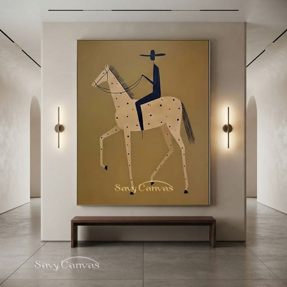 Modernist Spotted Horse Rider Vintage Folk Oil Painting #SS 248