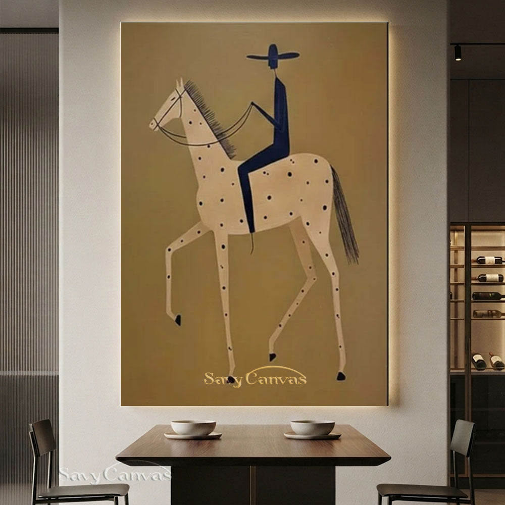 Modernist Spotted Horse Rider Vintage Folk Oil Painting #SS 248