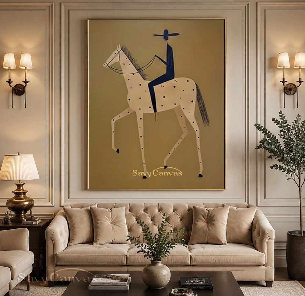 Modernist Spotted Horse Rider Vintage Folk Oil Painting #SS 248