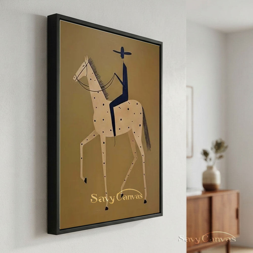 Modernist Spotted Horse Rider Vintage Folk Oil Painting #SS 248