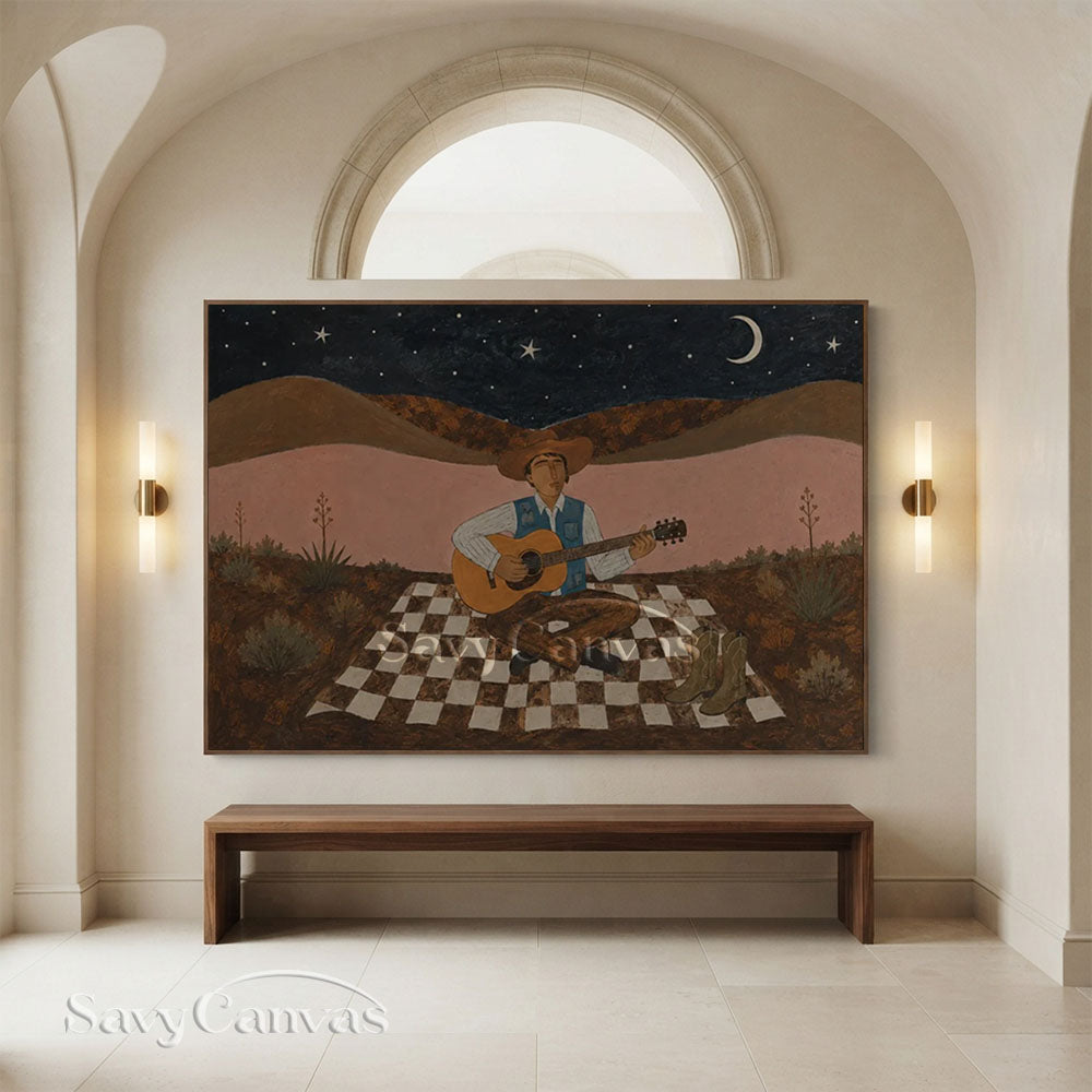 Handmade Vintage Cowboy Guitarist Moonlit Desert Night Oil Painting #ZC 037