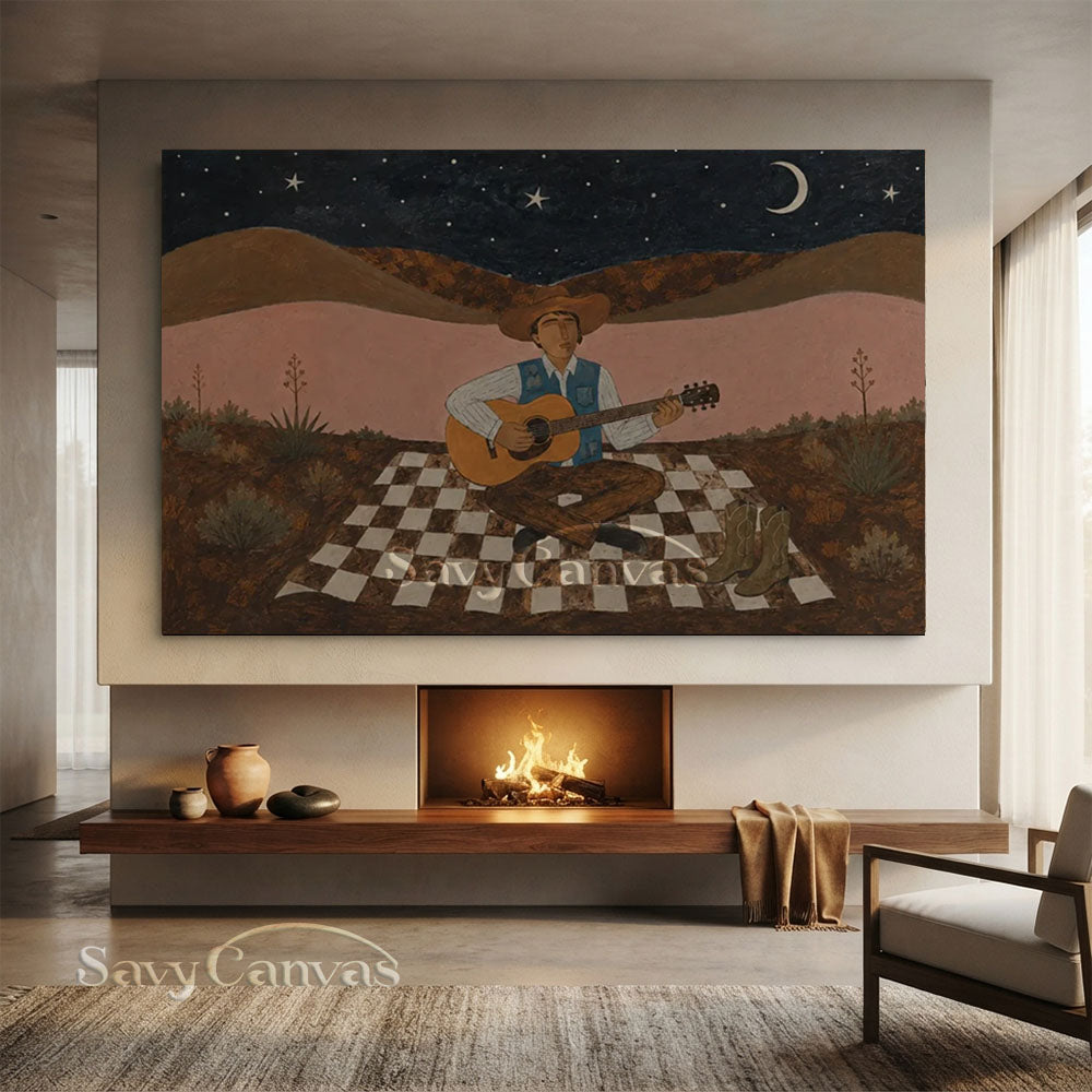 Handmade Vintage Cowboy Guitarist Moonlit Desert Night Oil Painting #ZC 037