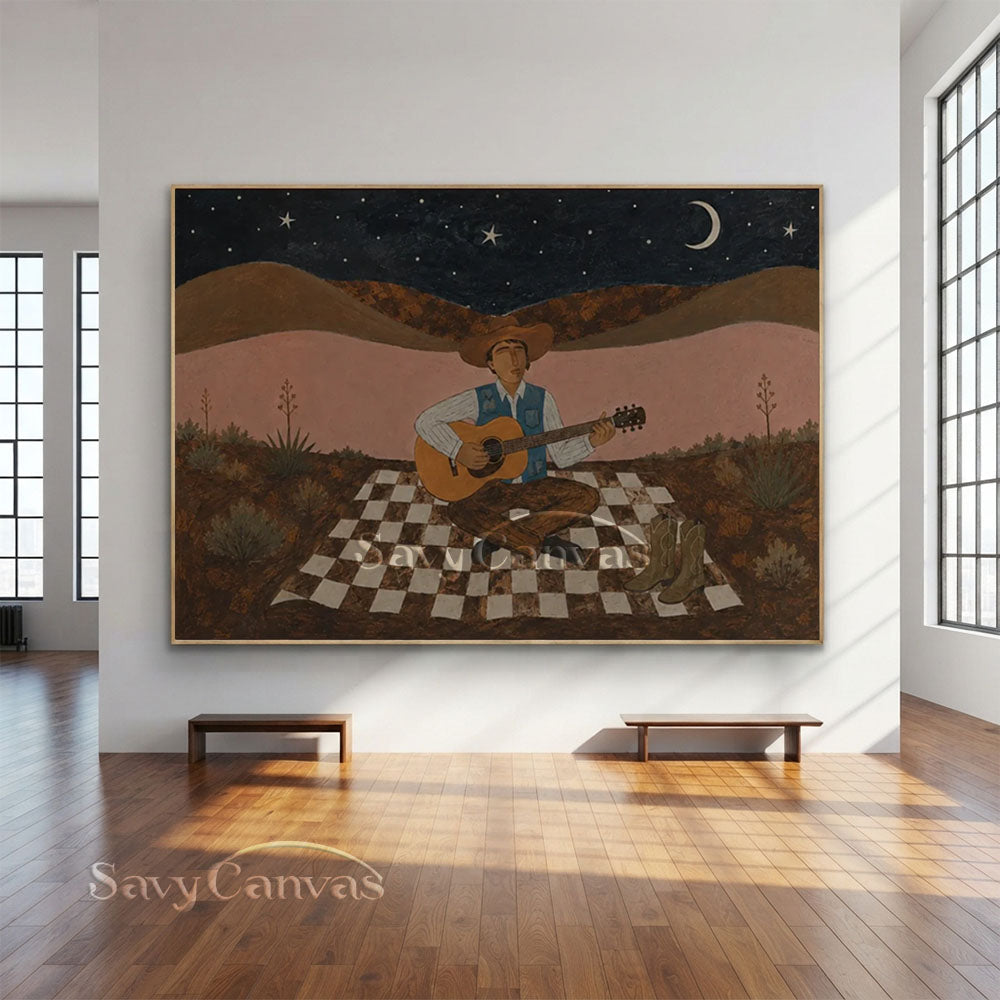 Handmade Vintage Cowboy Guitarist Moonlit Desert Night Oil Painting #ZC 037