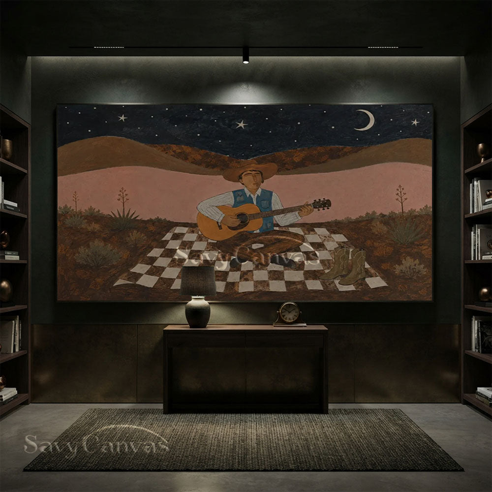 Handmade Vintage Cowboy Guitarist Moonlit Desert Night Oil Painting #ZC 037