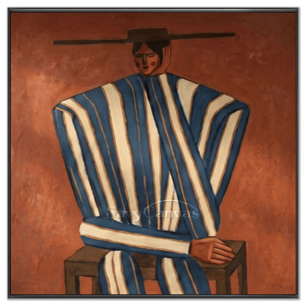 High-quality handmade abstract modern oil painting depicting a stylized cowboy figure in a blue and white striped poncho sitting against a textured terracotta background.