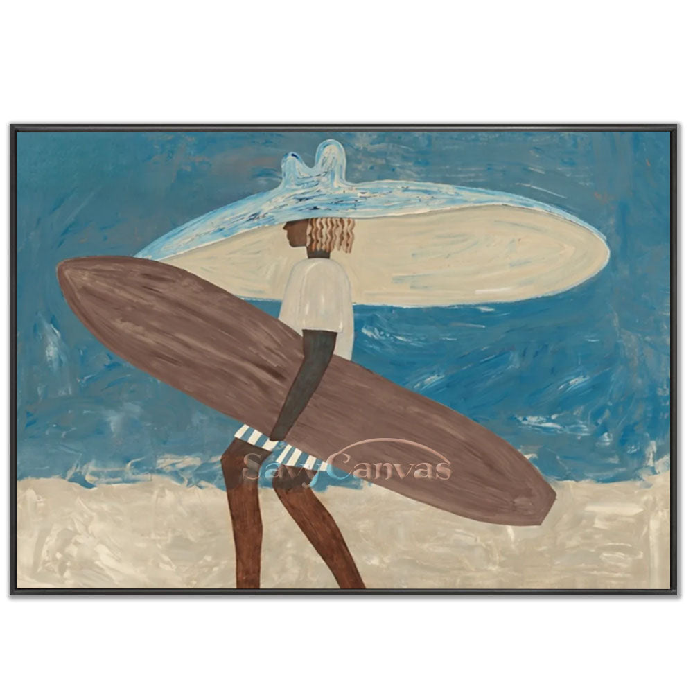 Premium handmade modern oil painting depicting a stylish surfer holding a surfboard on a sunny beach against vibrant blue ocean waves.