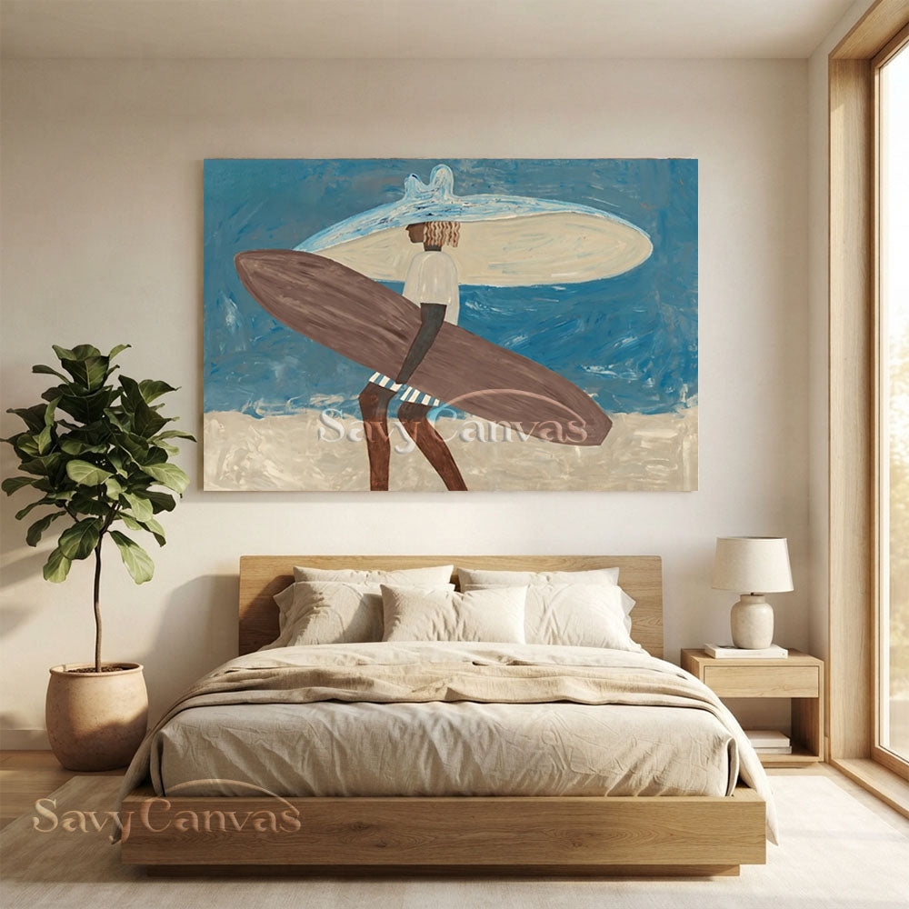 Handmade Modern Surfer Figure Ocean Blue Vintage Oil Painting #ZC 038