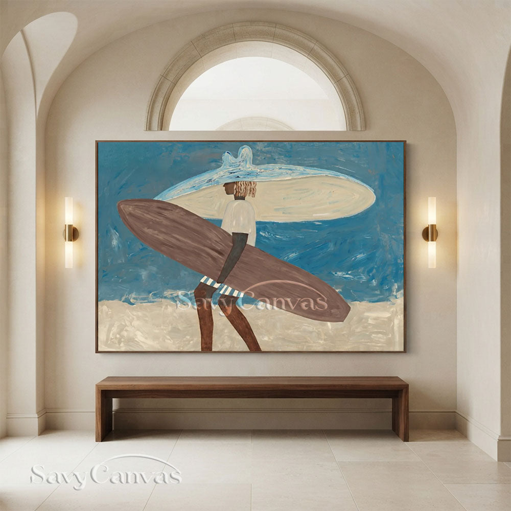 Handmade Modern Surfer Figure Ocean Blue Vintage Oil Painting #ZC 038