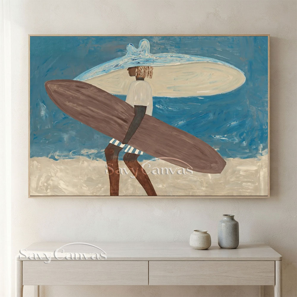 Handmade Modern Surfer Figure Ocean Blue Vintage Oil Painting #ZC 038