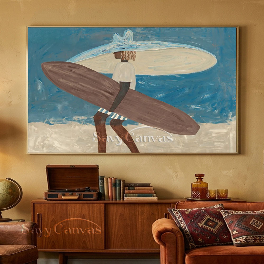 Handmade Modern Surfer Figure Ocean Blue Vintage Oil Painting #ZC 038