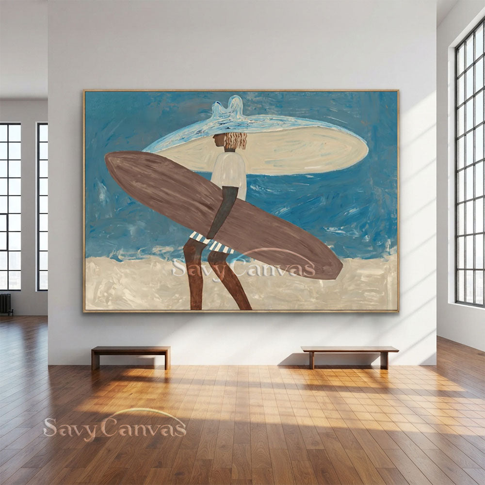 Handmade Modern Surfer Figure Ocean Blue Vintage Oil Painting #ZC 038