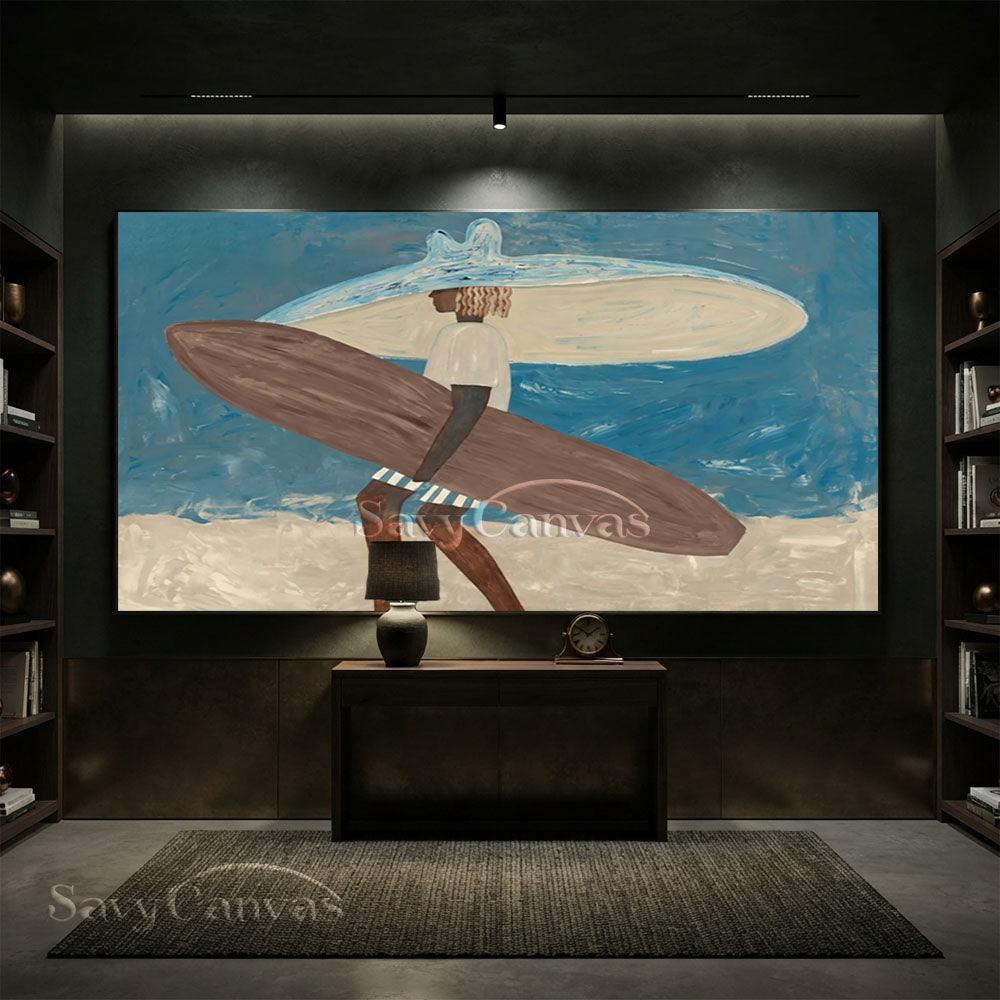 Handmade Modern Surfer Figure Ocean Blue Vintage Oil Painting #ZC 038