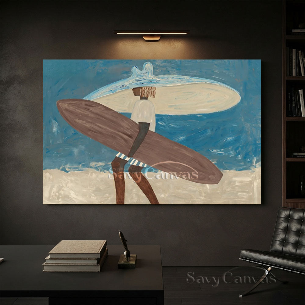Handmade Modern Surfer Figure Ocean Blue Vintage Oil Painting #ZC 038