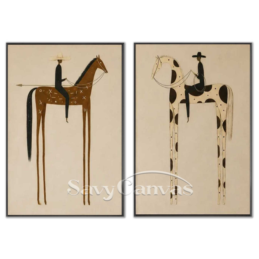 Hand-crafted modernism style equestrian and horse riding oil painting diptych on canvas by Savy Canvas, featuring abstract horses and riders in brown, beige, and cream tones with black frames. Sophisticated wall decor, ready to hang.