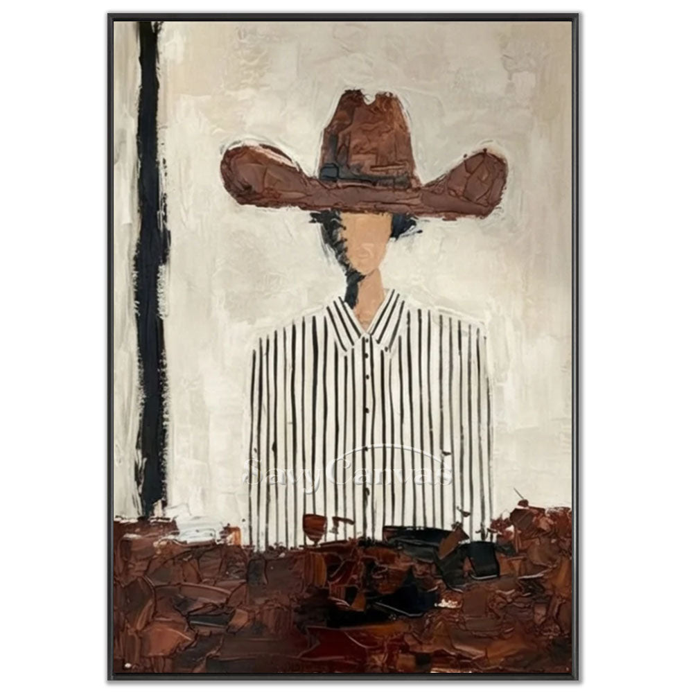 A 100% handmade expressionist oil painting with a heavy textured impasto backdrop in mottled cream and beige, depicting a geometric abstract portrait of a faceless cowboy in a black and white vertically striped shirt and a thick, palette knife carved brown wide-brimmed hat, with thick caramel soil textures in the foreground.