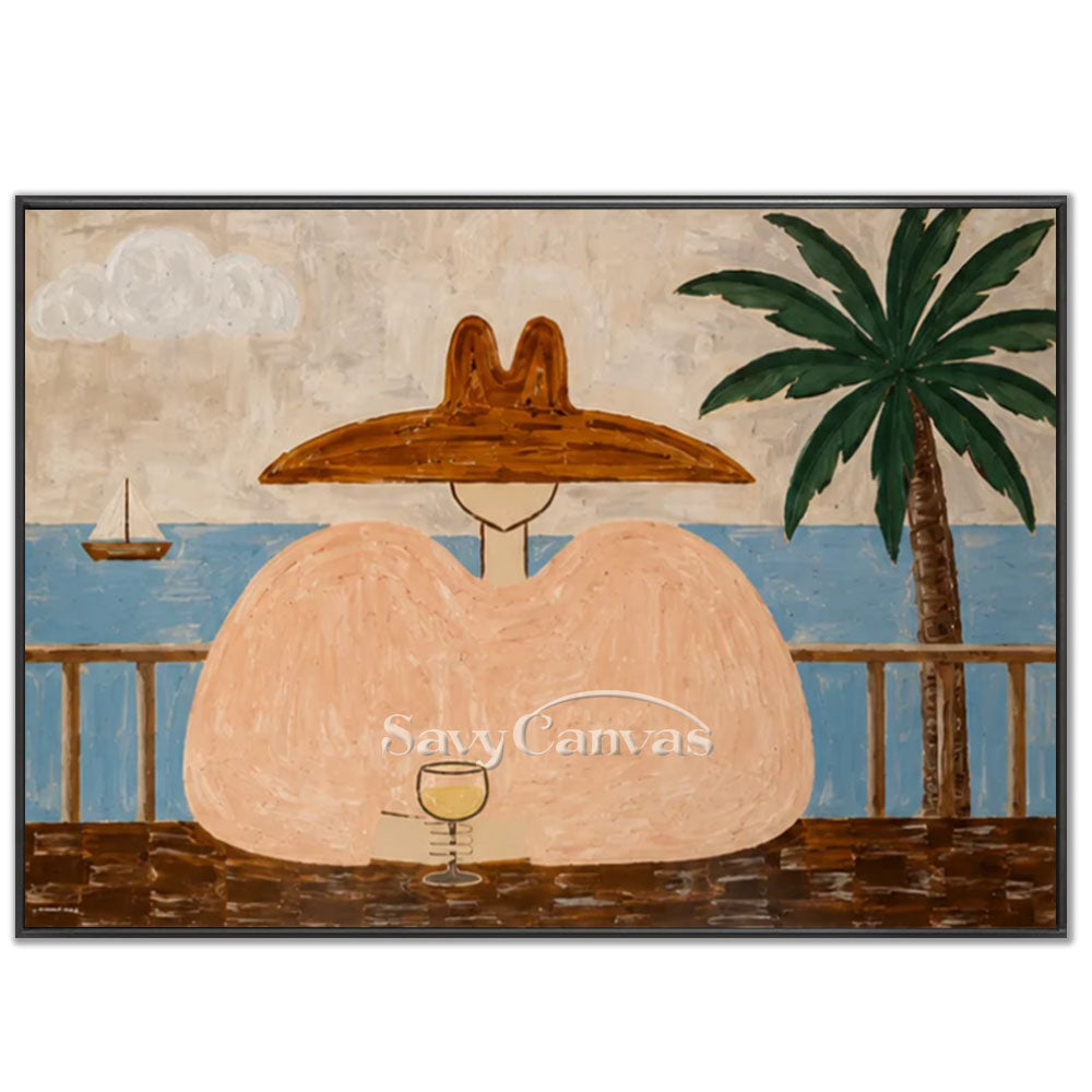 Premium handmade modern oil painting depicting a lady in a large hat drinking wine on a ocean view terrace with palm tree and sailboat.