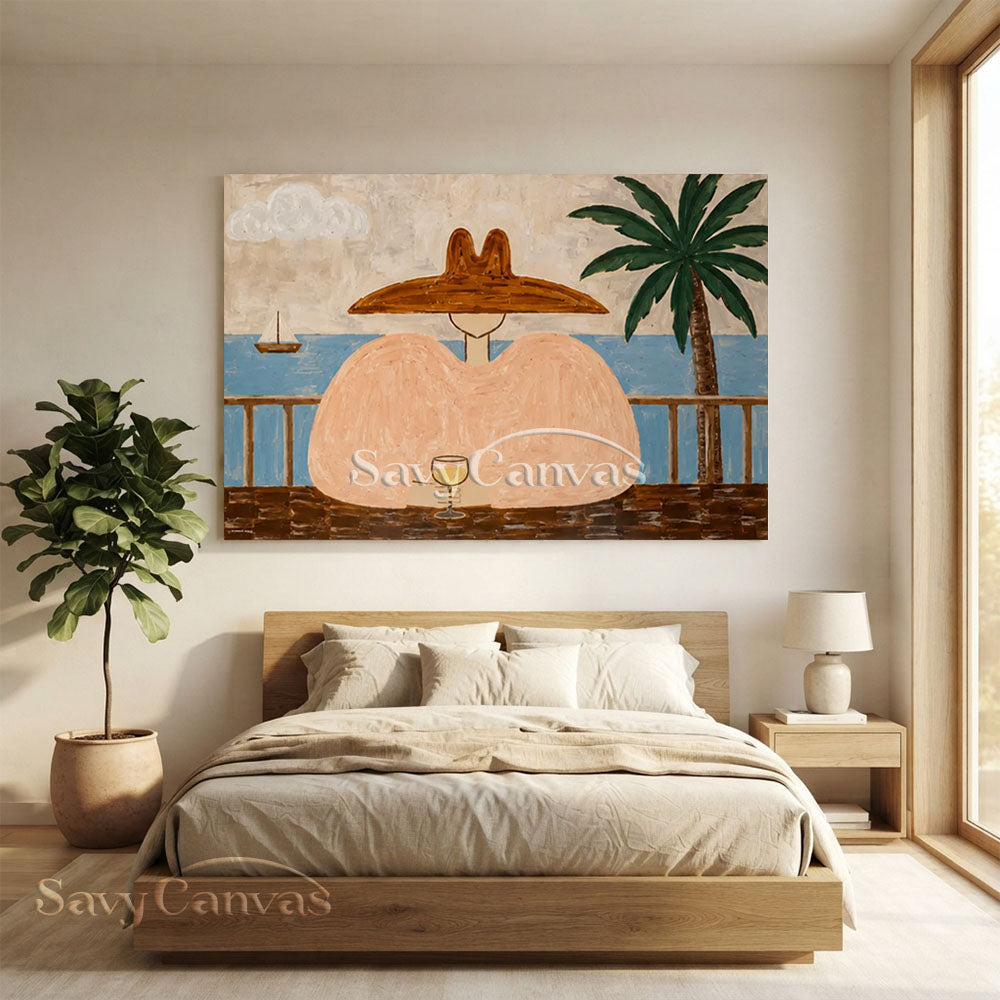 Handmade Modern Coastal Terrace Wine Lady Beige Oil Painting #ZC 039