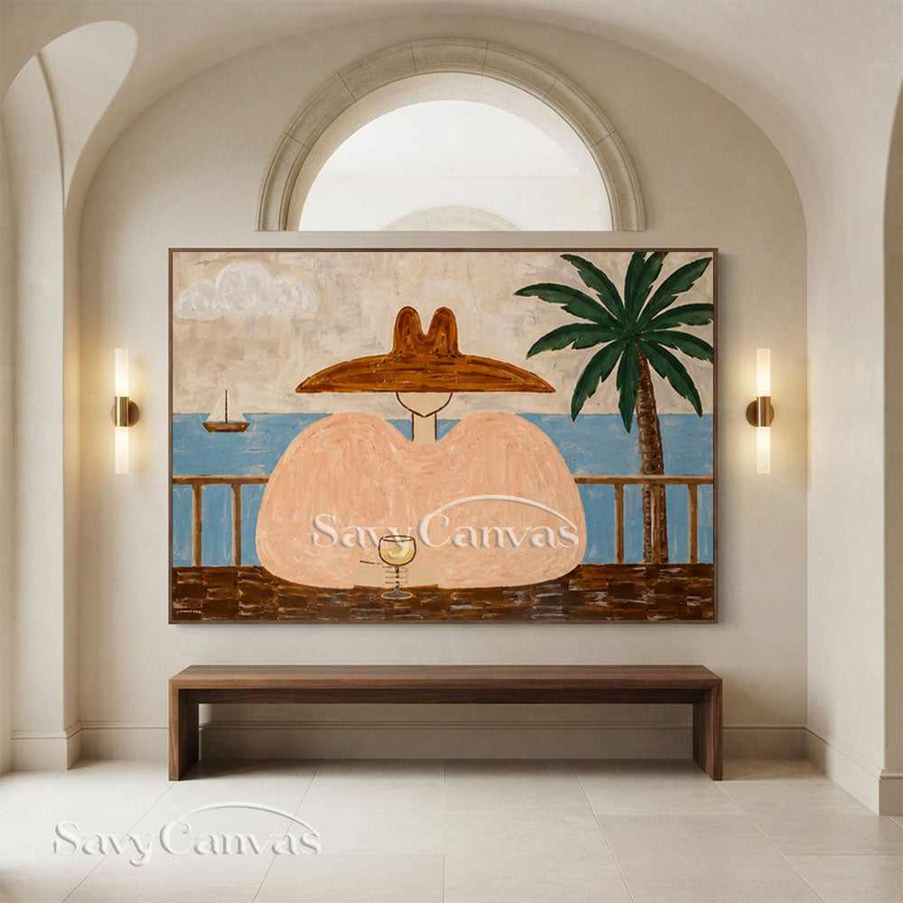 Handmade Modern Coastal Terrace Wine Lady Beige Oil Painting #ZC 039