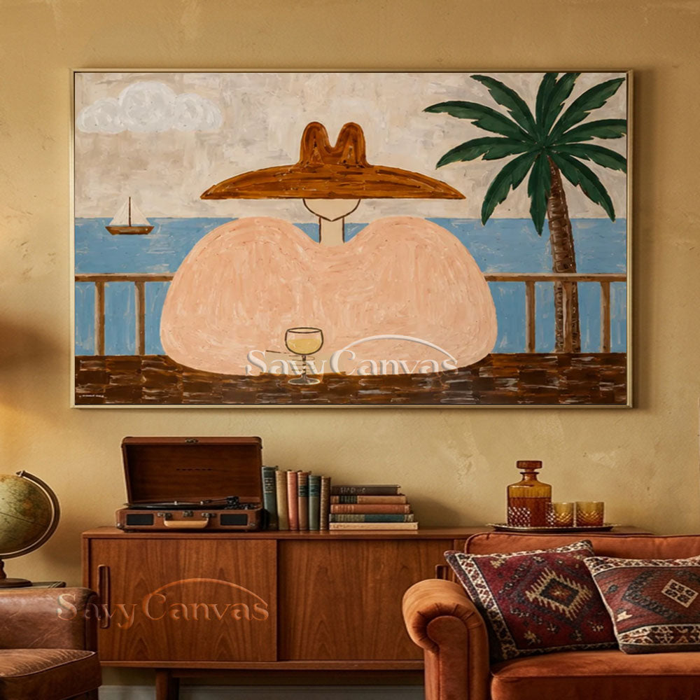 Handmade Modern Coastal Terrace Wine Lady Beige Oil Painting #ZC 039