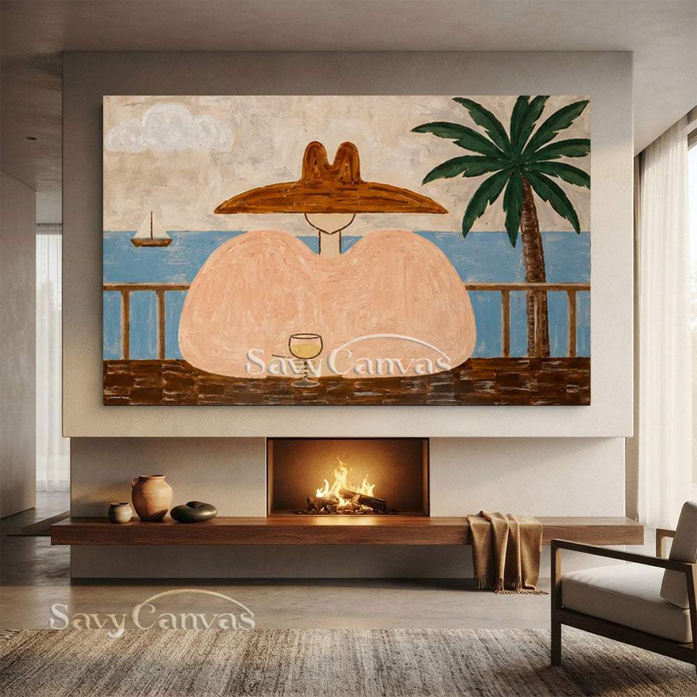 Handmade Modern Coastal Terrace Wine Lady Beige Oil Painting #ZC 039