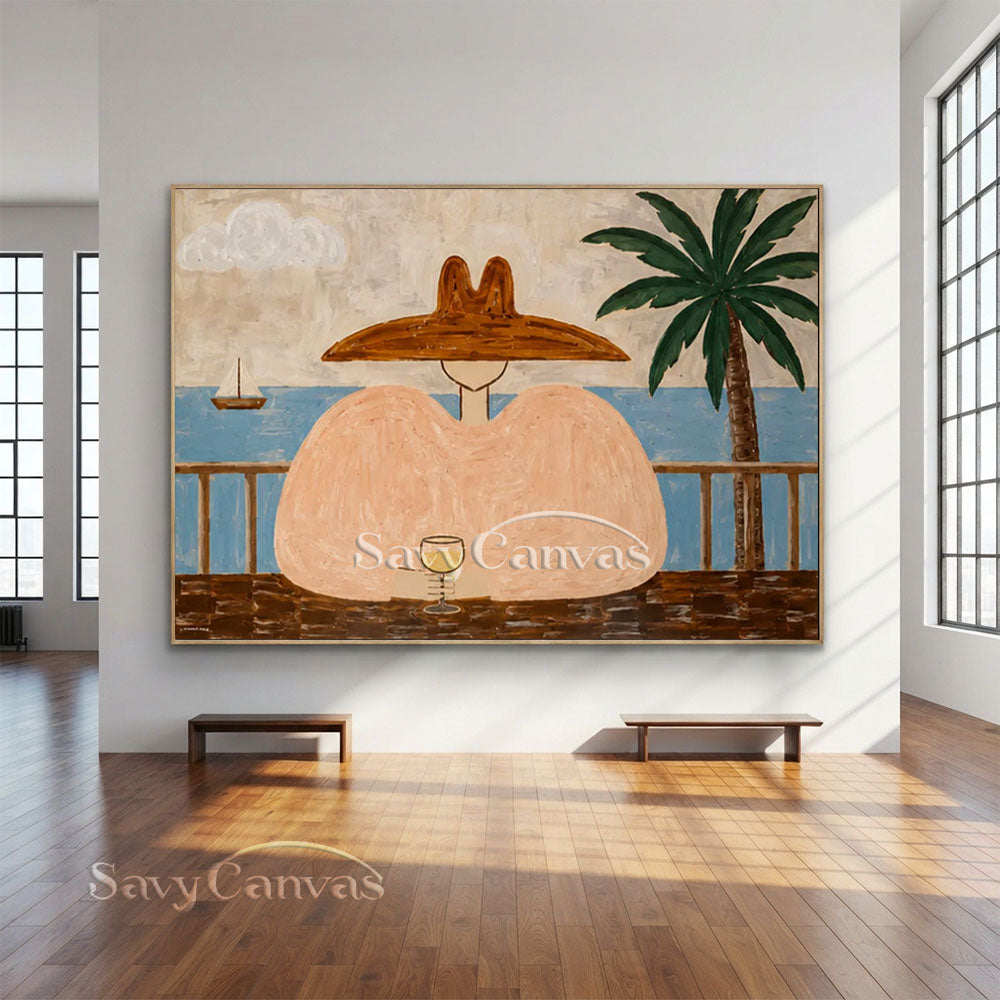 Handmade Modern Coastal Terrace Wine Lady Beige Oil Painting #ZC 039