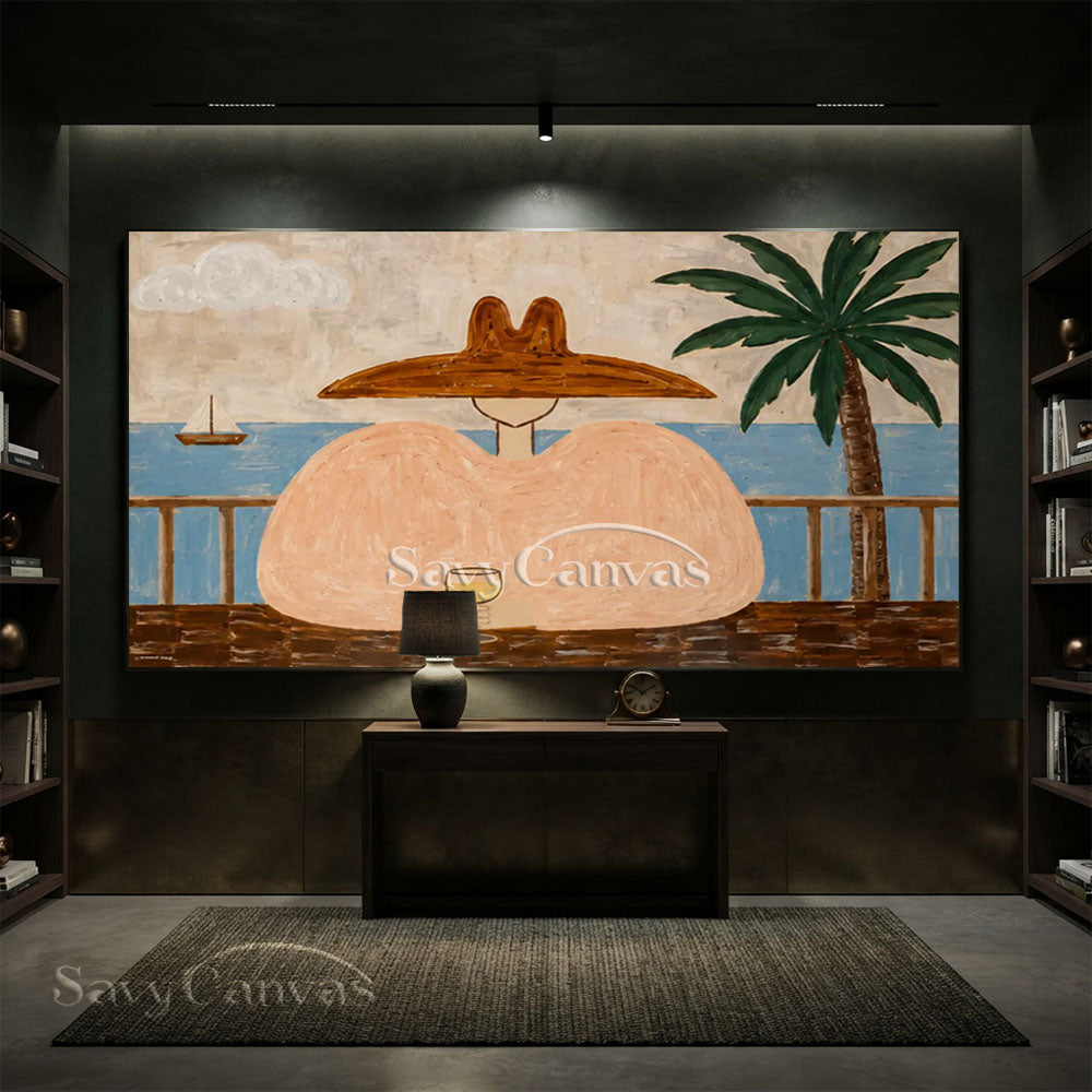 Handmade Modern Coastal Terrace Wine Lady Beige Oil Painting #ZC 039