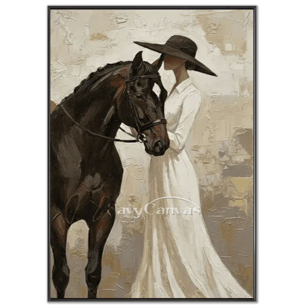 A 100% handmade expressionist oil painting with a heavy textured impasto background in mottled cream, beige, and subtle gold tones, depicting a romantic vintage portrait of a faceless elegant lady in a flowing white dress and a large black wide-brimmed hat standing gently beside a powerful dark brown and black horse.