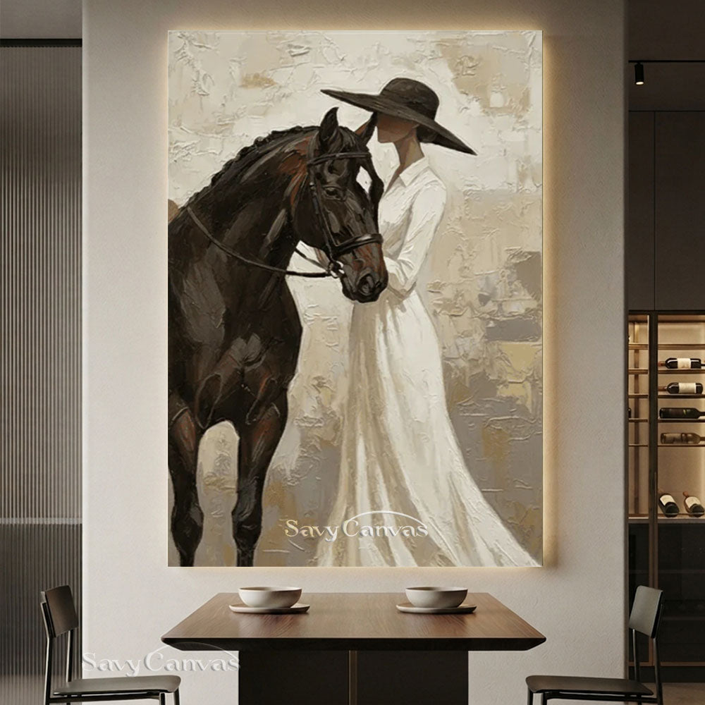 Impressionist Elegant Lady and Horse Vintage Oil Painting #SS 252