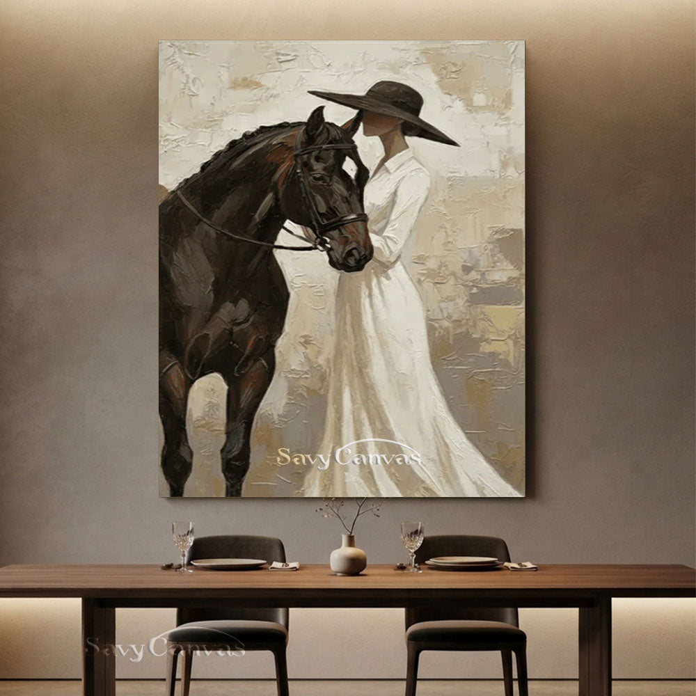Impressionist Elegant Lady and Horse Vintage Oil Painting #SS 252