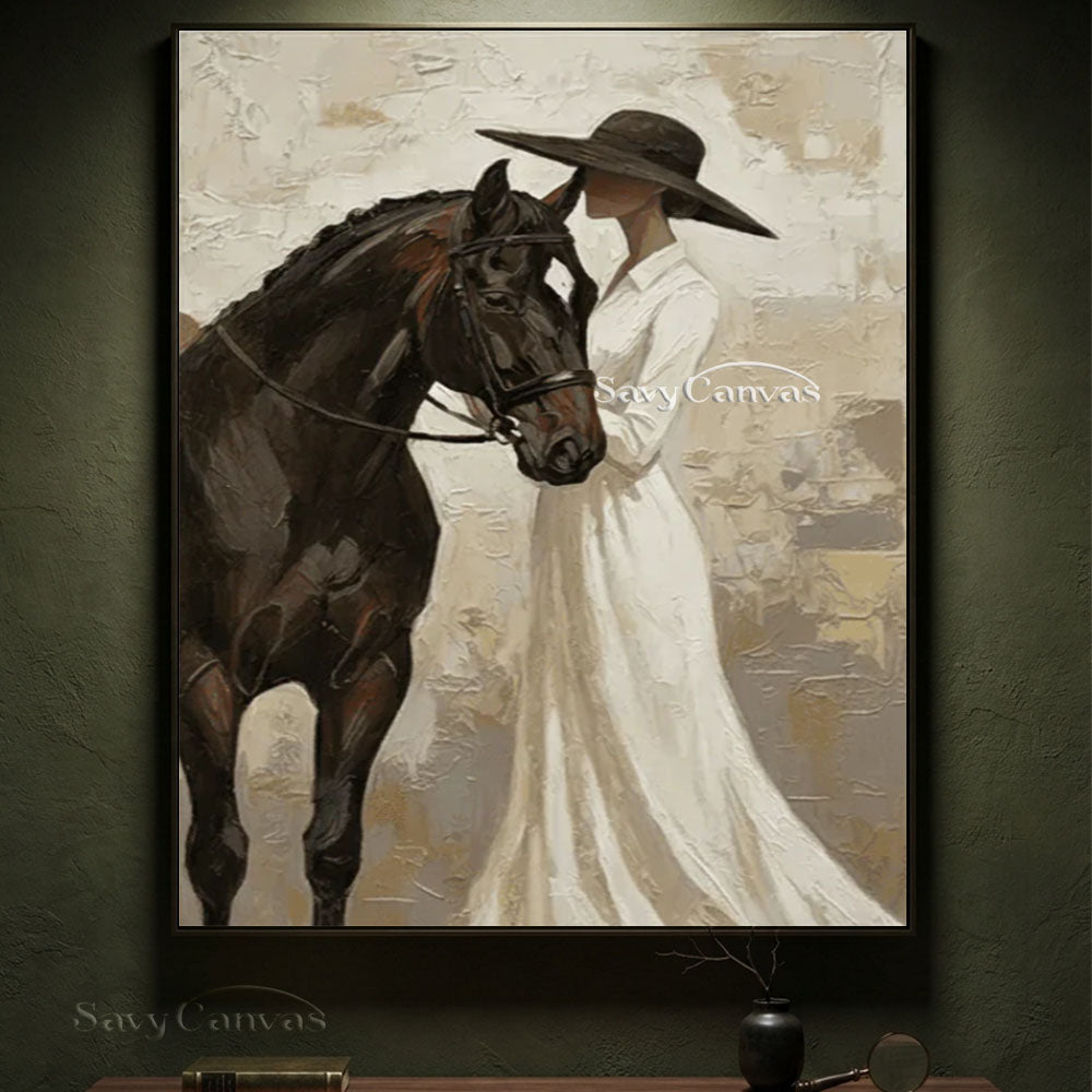 Impressionist Elegant Lady and Horse Vintage Oil Painting #SS 252