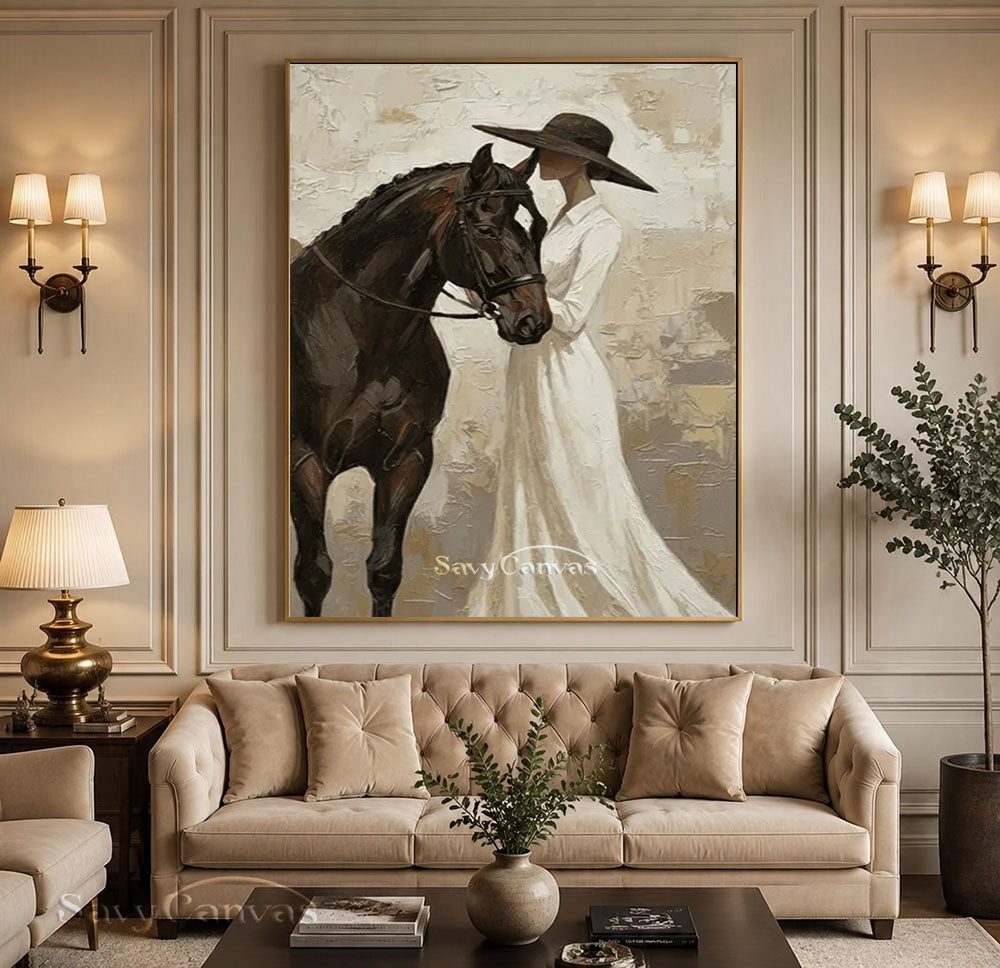 Impressionist Elegant Lady and Horse Vintage Oil Painting #SS 252