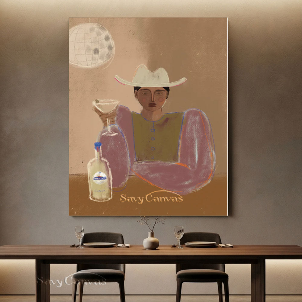 Handmade Retro Cowgirl Martini Modernist Canvas Oil Painting #SS 253