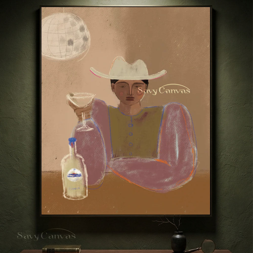 Handmade Retro Cowgirl Martini Modernist Canvas Oil Painting #SS 253