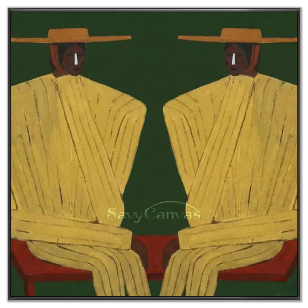 High-quality handmade abstract modern oil painting depicting two symmetrical cowboy figures in golden yellow striped ponchos sitting against a textured dark green background.